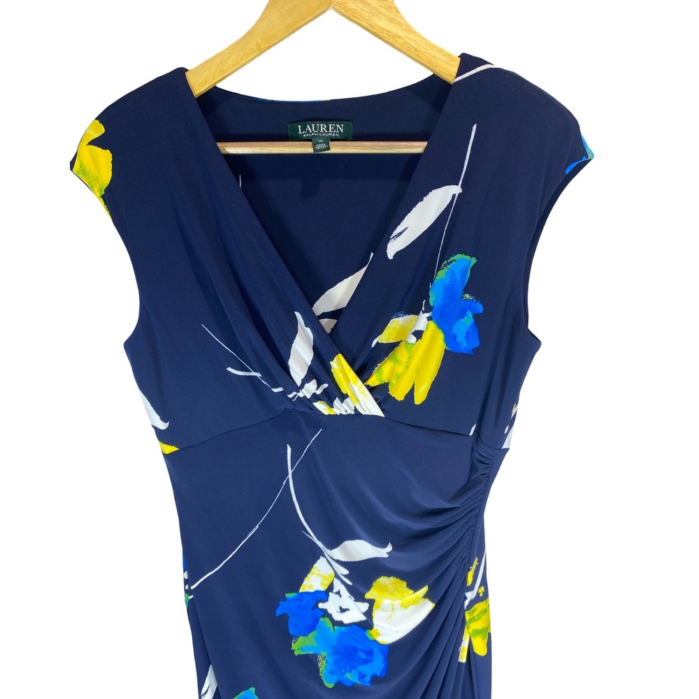 Lauren Ralph Lauren Floral Ruched Sheath‎ Dress Navy Classic Wrap Work Size 10 - Picture 4 of 11